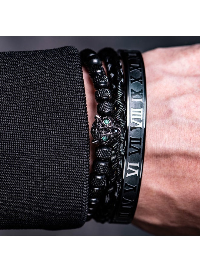 أوليس فيرس  هدية فالنتاين لأناقته – 3 أساور قابلة للتداخل: تصميم رأس النمر والأرقام الرومانية من الفولاذ والنحاس، جريئة وذات دلالة - Image 4